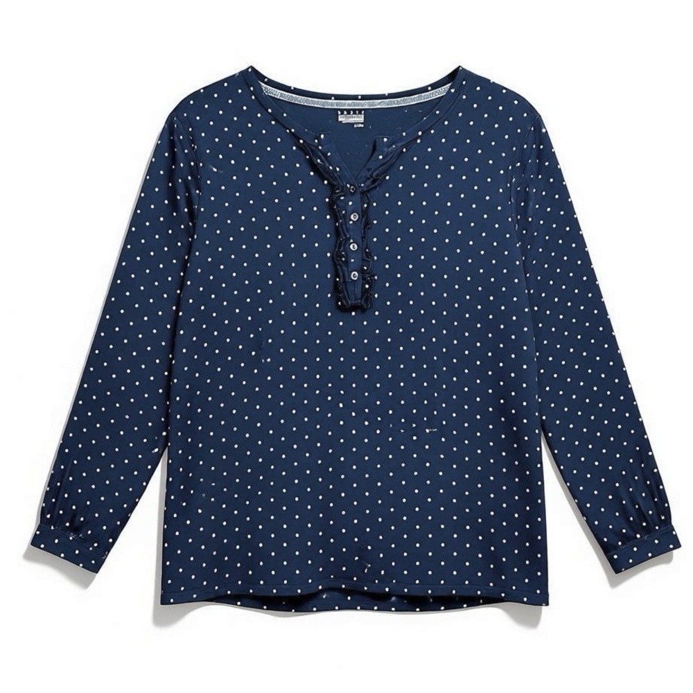 4/$20 Basic Editions XL Navy Blue Polka Dot Cotton Henley Long Sleeve Top - Picture 2 of 3